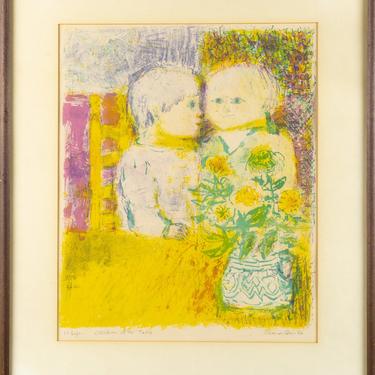 Eleanor 'Children At The Table' Signed 1966 Wall Art - mcm 