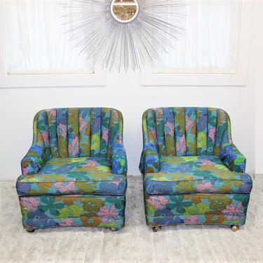 Mid Century Modern pair of club chairs by Majestic furniture 1960's floral upholstery 