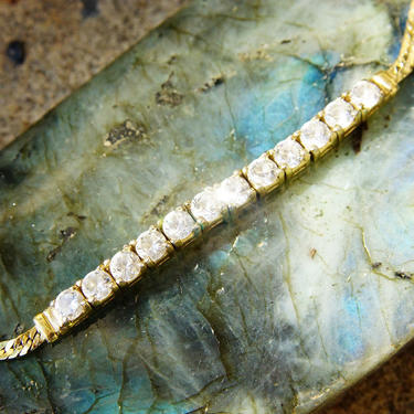 Vintage Gold Plated Sterling Silver Cubic Zirconia Diamond Bar Bracelet, 2.5mm Herringbone Chain, 12 Brilliant CZ Diamonds, 7 1/8&quot; Long 