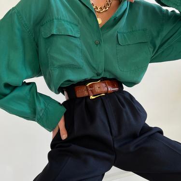 Vintage Emerald Green Silk Long Sleeve Button-Up Blouse