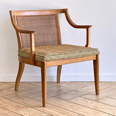 MCM Rattan Back Chair - Midcentury Modern Wide Seat Solid Wood Armchair - Rattan + Wood Side Chair - Dining Table Chair 