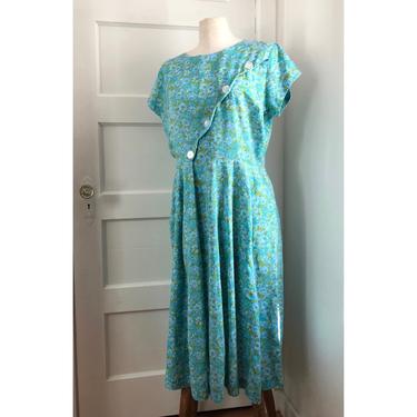 1950s Blue Floral Soft Cotton Dress by Shaker Square with pocket- size LG 