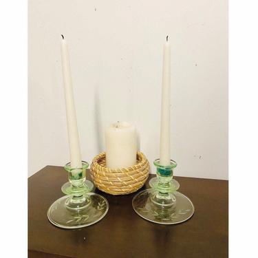 Fostoria Green 2324 Low Candlestick Holder, Vintage Elegant Glass 4” 