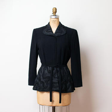 1940s Ribbon Work Jacket / 40s Black Wool Peplum Blazer 