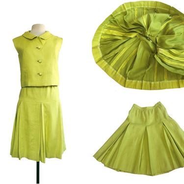 Vintage 60s chartreuse yellow linen top &amp; skirt set| spring wear suit| country club set 