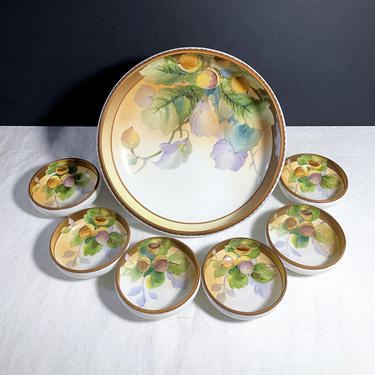 7 piece Vintage Nippon Porcelain Nut Bowl Set, Japanese Moriage, Morimura Bros 1911-1921 - Fine Bone China, Chinoiserie, Acorn Fall Decor 