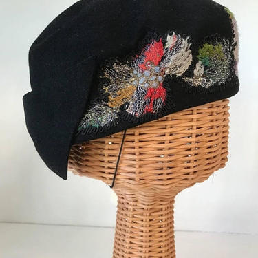 1940s hat vintage hat wool hat embroidered hat shorlon hat black hat unique hat skull cap fitted hat 40s hat winter hat 1940s accessories 