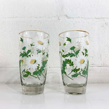 Vintage Libbey Glasses Set of 2 Daisies Daisy Pair Flowers Retro Juice Glass Barware Cocktail Mid-Century White Green Yellow 1980s 80s 