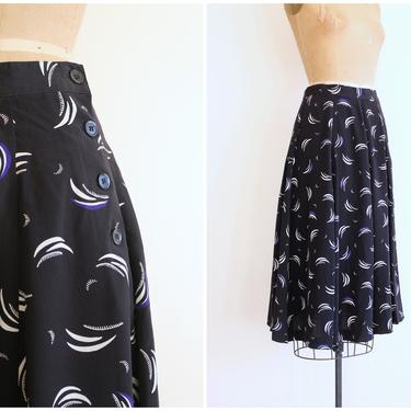 vintage '80s high waisted skirt / crescent print skirt - black &amp; cobalt blue print skirt / vintage midi skirt - '90s graphic print skirt 
