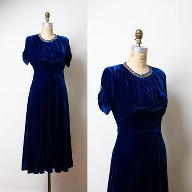 1940s Crushed Velvet Dress / 40s Blue Velvet Dress 