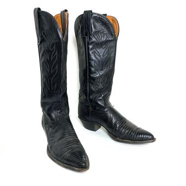 Vintage Women's J CHISHOLM Cowboy Boots ~ size 7 1/2 M ~ Lizard Skin / Exotic ~ Western ~ Hippie / Boho ~ Rockabilly ~ Black 