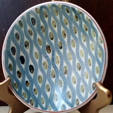 40s 50s Stig LINDBERG FAIENCE BOWL 7in Altered Oval Blue Wave Trellis Green Olives Dots Gustavsberg Sweden Danish Mod Art Pottery Signed 
