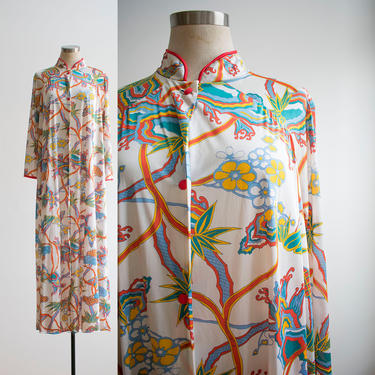 Vintage 1960s Asian Print Robe / Vintage Duster / Asian Print Duster / 1960s Psychedelic Jacket 
