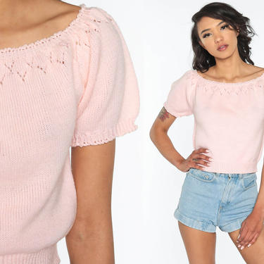Knit Puff Sleeve Top 80s Pink Cutout Shirt Peasant Top Boho Short Sleeve Sweater Top Pointelle Top Cut Out Bohemian Vintage Small Medium 