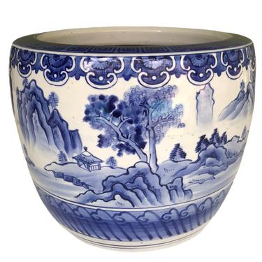 Japanese Hibachi 1960s Decorated Hand Painted Blue and White Ceramic Earthenware Planter