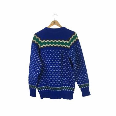 Vintage 80's Cobalt Blue Nordic Fair Isle Wool Sweater, Size Large 