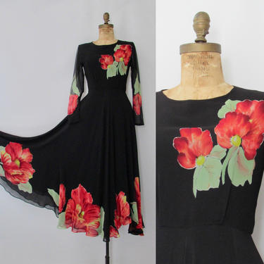 WEARABLE ART Vintage 90s Yolanda Lorente Dress | 1990s Hand Painted Boho Gypsy Flowy Silk Chiffon | Black w/ Vivid Floral | Sz Small Medium 