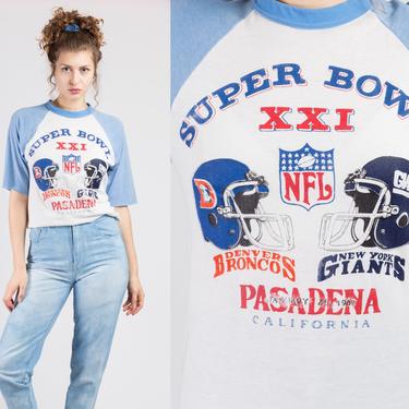 1987 Super Bowl Ringer Shirt - Men's Small, Women's Medium | Vintage NY Giants Blue White Retro 3/4 Sleeve Football Top 