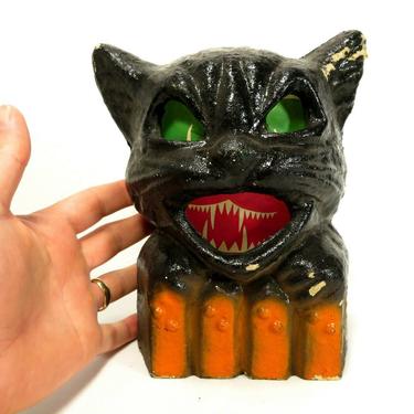 VTG ORIGINAL Paper Mache BLACK CAT ON FENCE Pulp JACK O LANTERN Halloween Art NR