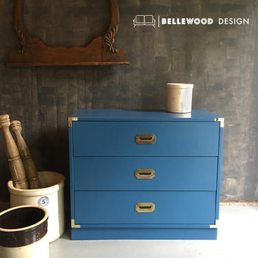 Vintage Blue Campaign Dresser Side Table Three Drawers with Brass Hardware by BellewoodDesignGoods
