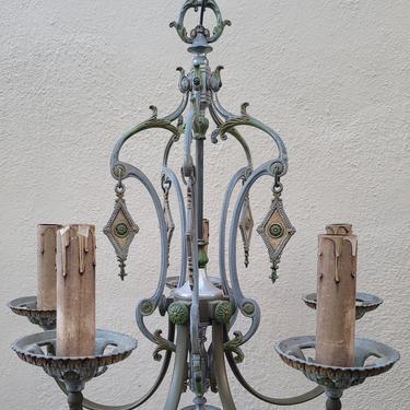 Vintage Hand-Painted Silver and Green Spanish Mediterranean Revival Art Deco 5-Arm Chandelier