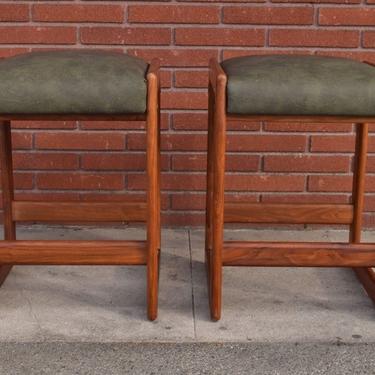 Two Vintage Mid Century Solid Walnut Wooden Bar Stools