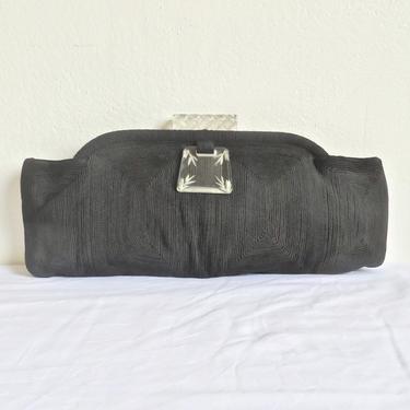 Vintage 1940's Large Black Corde Clutch Purse Clear Lucite Clasp WW2 Era Handbag 40's Accessories Saks Fifth Avenue 