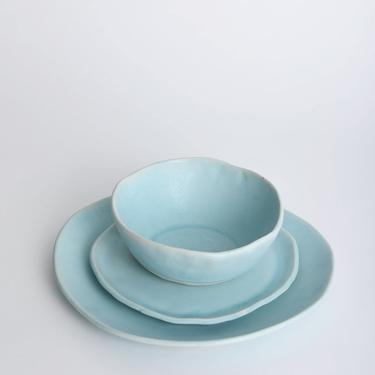 Aqua Matte 3 Piece Dinnerware Set, Handmade Dinner Plates, Stoneware, Ceramic Dishes 
