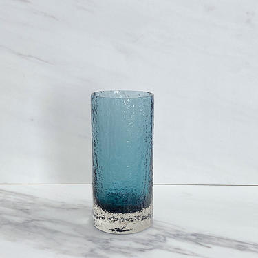 Vintage Mid Century Modern Riihimaki Riihimaen Lasi Smokey Blue Textured Art Glass Vase Tamara Aladin Finland Finnish Modernist Design 