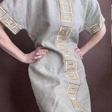 vintage linen day dress with gold embroidery 