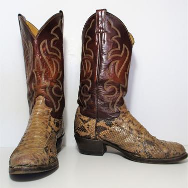 Vintage Justin Taupe Brown Snakeskin Cowboy Boots, Size 7 1/2D Men 