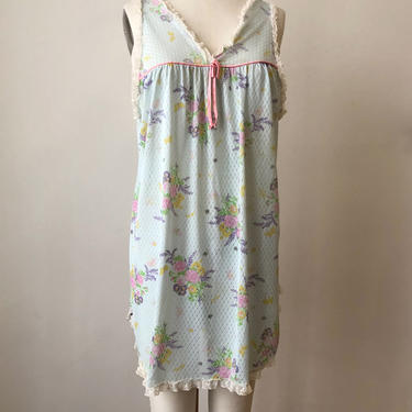 Pale Blue Floral Printed Short Nightgown - 1970s 