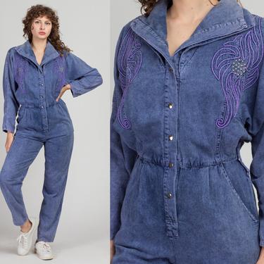 80s Purple Denim Jumpsuit - Small | Vintage Jean Fitted Waist Batwing Coverall Pantsuit 