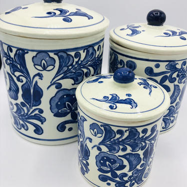 Vintage (3) Piece  Blue and White  porcelain kitchen canister set circa 1930's Floral Hand Painted - 3666 
