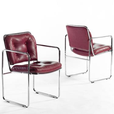 Mid Century Modern Lounge Chairs in Tubular Chrome and Rich Oxblood Faux Leather 