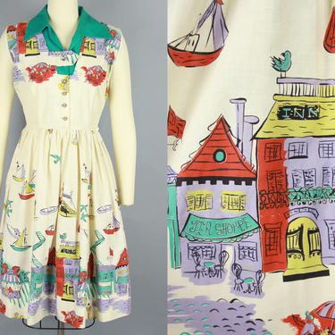 1950s SEASIDE BOARDWALK Novelty Print Sundress | Vintage 50s Sleeveless Cotton Day Dress | xs / s 