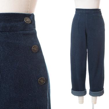 Vintage 1950s Style Jeans | Dark Blue Wash Cotton Denim High Waisted Side Hook Pants (small) 