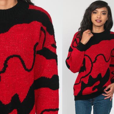 Metallic Sweater Red Swirl Sweater Knit 80s Jumper Pullover Sparkly Geometric Sweater Vintage Holiday Winter Black Acrylic Medium 