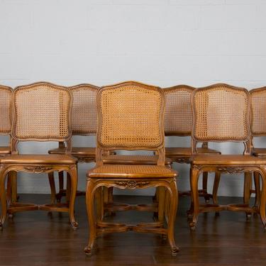 Antique Country French Louis XV Provincial Oak Cane Dining Chairs- Set of 8 