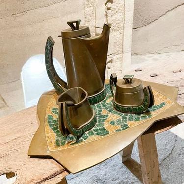 Fabulous Salvador Teran 5 Piece Tea Coffee Service Set Brass & Mosaic Stone MEXICO 1960s 