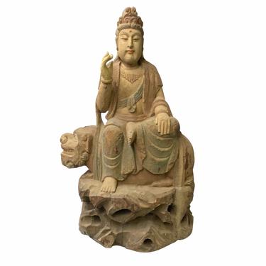 Chinese Rustic Wood Sitting Guan Yin on Lion Manjushri Statue ws1525E 