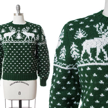 Vintage 1970s Sweater | 70s Reindeer Trees Holiday Novelty Print Knit Forest Green Acrylic Ski Pullover Jumper (medium/large) 