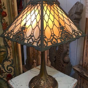 SOLD. Antique Art Dco Slag Glass 4-Panel Table Lamp | Double Socket