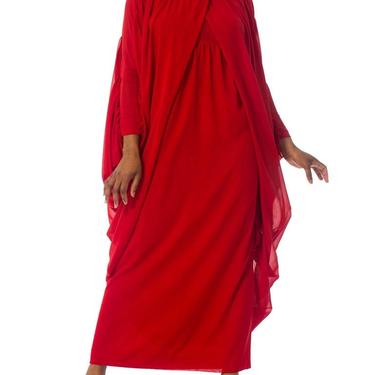 1980S LANVIN Lipstick Red Polyester Chiffon Giant Draped Sleeve Gown 
