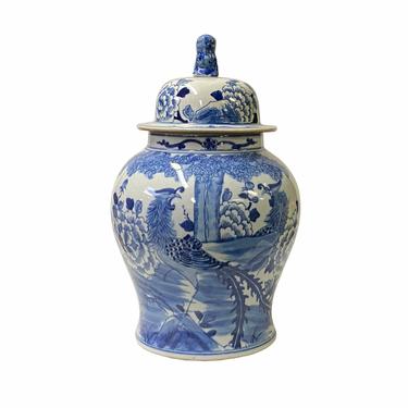 Chinese Blue White Porcelain Flower Birds Graphic General Temple Jar ws1785E 