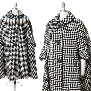 Vintage 1960s Cape | 60s Black Houndstooth Woven Wool Poncho (medium/large/xl) 