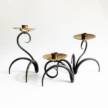 Vintage Modern Brass and Iron Candle Holder Set 