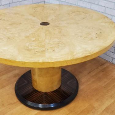 Vintage Blonde Burl & Rosewood Cylinder Pedestal Base Round Game-Table