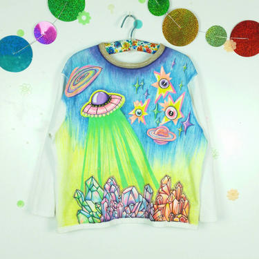 Hand Painted Galaxy Sweatshirt, Slimewarp Custom Painted Sweatshirt, Neon Crystal UFO Shirt, Wearable Art Sweater, Fall Rave Outfit 
