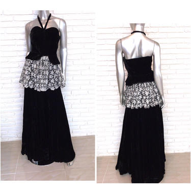 Vintage Black Velvet Halter Dress XS Bohemian Maxi Dress with Lace Peplum Goth Floor Length Gothic Gown 
